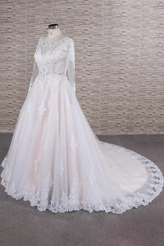Illusion Appliques Long Sleeve Tulle Wedding Dress