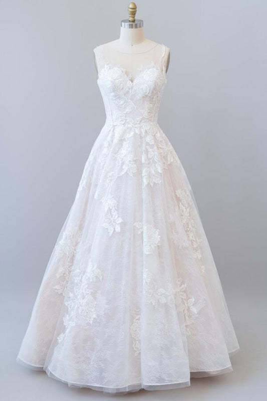 Illusion Appliques Tulle A-line Wedding Dress Sweetheart with Appliques