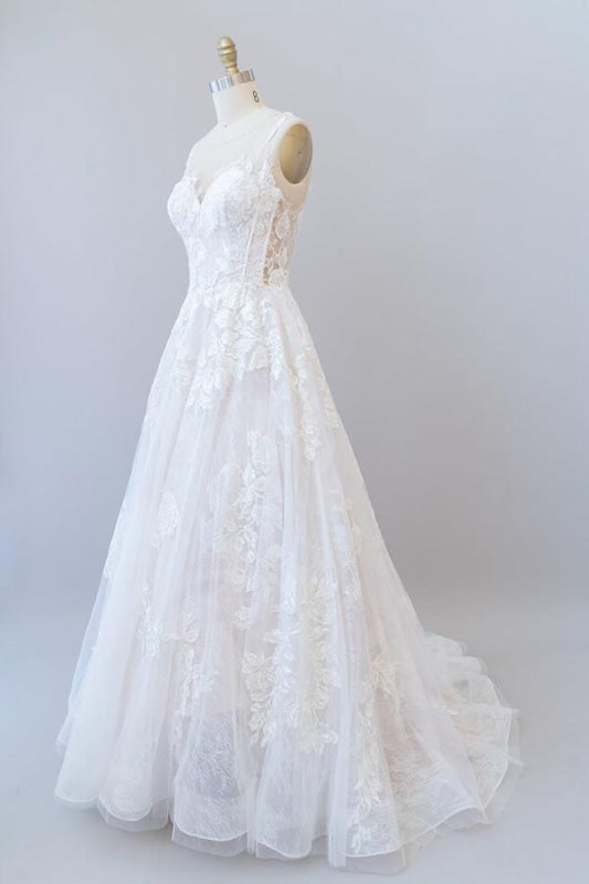 Illusion Appliques Tulle A-line Wedding Dress Sweetheart with Appliques