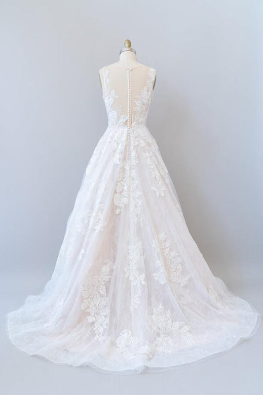 Illusion Appliques Tulle A-line Wedding Dress Sweetheart with Appliques