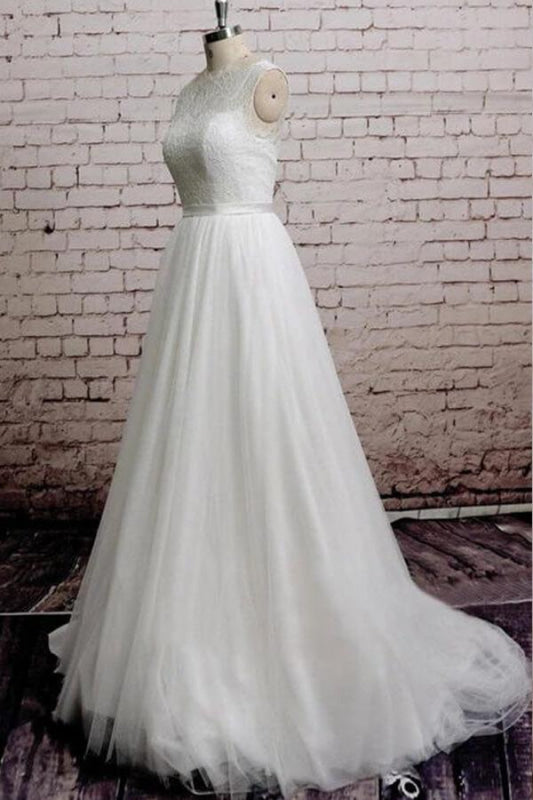 Illusion Lace Tulle Chapel Train Wedding Dress