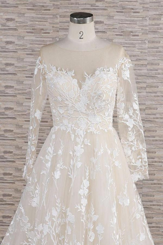 Illusion Long Sleeve Applqiues Tulle Wedding Dress