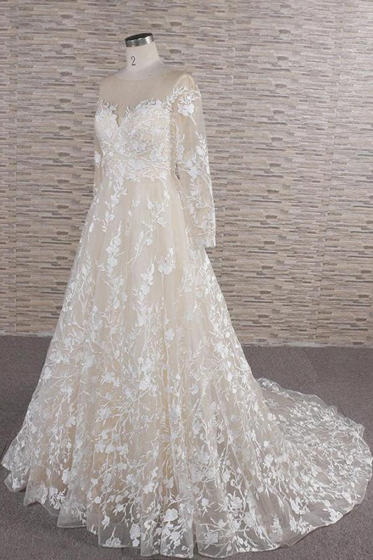 Illusion Long Sleeve Applqiues Tulle Wedding Dress