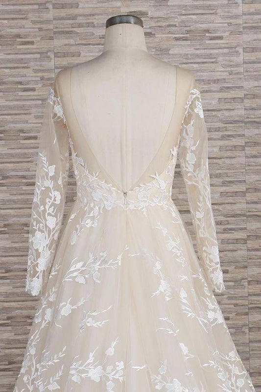 Illusion Long Sleeve Applqiues Tulle Wedding Dress