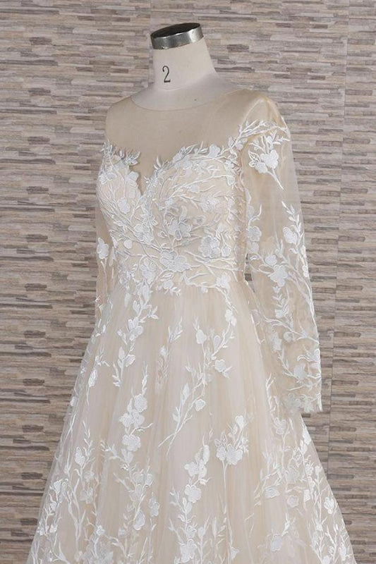 Illusion Long Sleeve Applqiues Tulle Wedding Dress