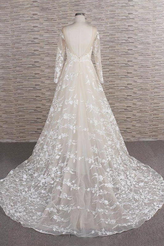 Illusion Long Sleeve Applqiues Tulle Wedding Dress