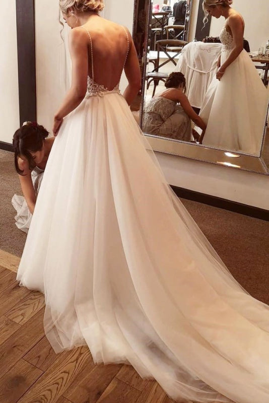 Ivory Backless Spaghetti Straps Tulle Beach Lace Applique Wedding Dress