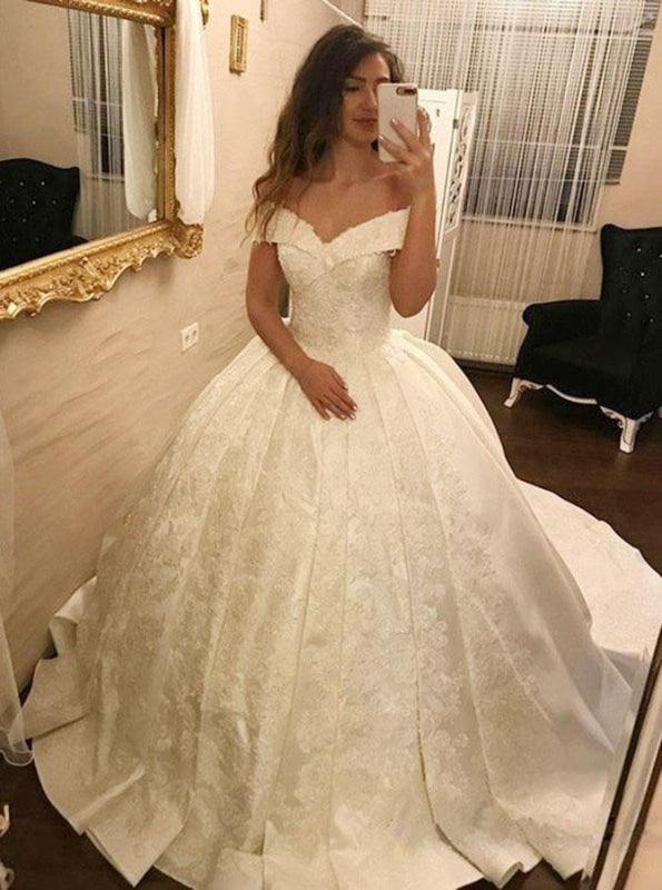 Ivory Ball Gown Off-the-Shoulder Pleated Satin Lace Appliques Wedding Dress