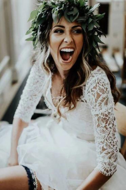 Ivory Chiffon Rustic 3/4 Sleeves Two Piece Wedding Dress
