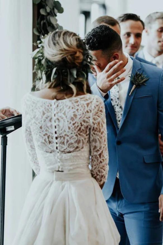 Ivory Chiffon Rustic 3/4 Sleeves Two Piece Wedding Dress