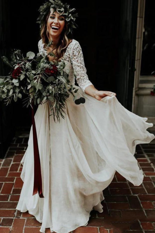 Ivory Chiffon Rustic 3/4 Sleeves Two Piece Wedding Dress