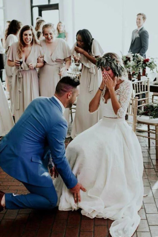 Ivory Chiffon Rustic 3/4 Sleeves Two Piece Wedding Dress