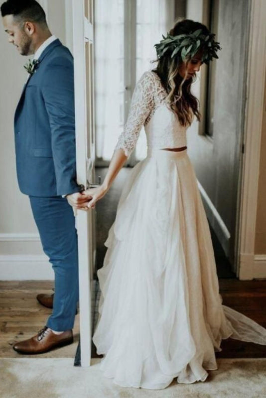 Ivory Chiffon Rustic 3/4 Sleeves Two Piece Wedding Dress