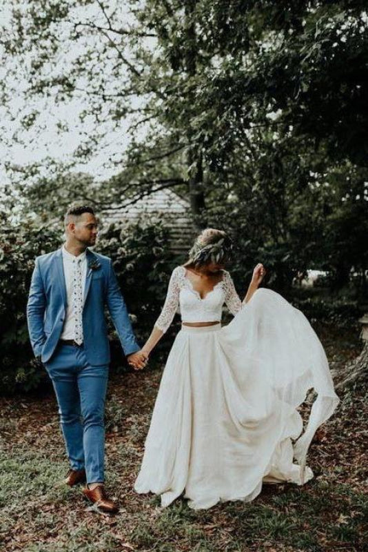 Ivory Chiffon Rustic 3/4 Sleeves Two Piece Wedding Dress