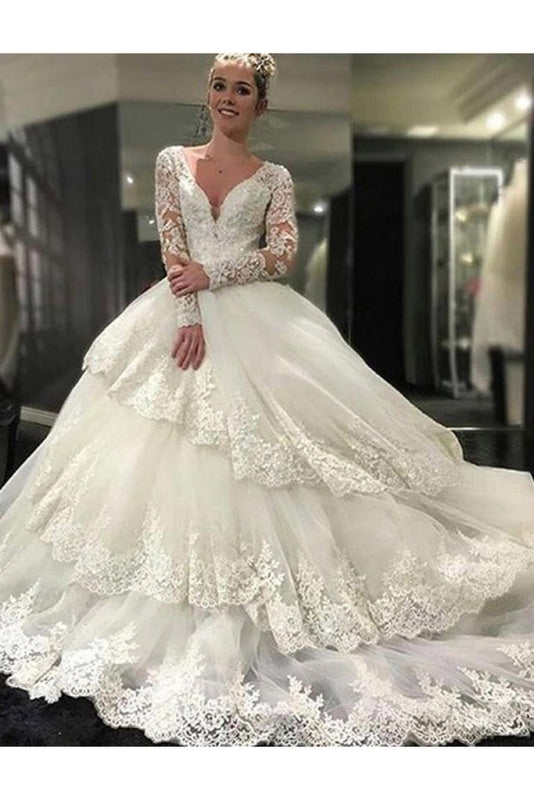 Ivory Deep V-Neck Long Sleeves Lace Appliques Chapel Train Tiered Wedding Dress