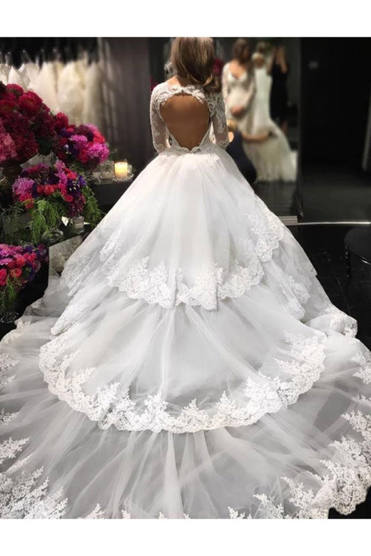 Ivory Deep V-Neck Long Sleeves Lace Appliques Chapel Train Tiered Wedding Dress