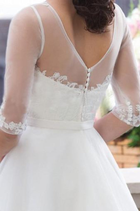 Ivory Half Sleeves Floor-length Bateau With Lace Applique Tulle Wedding Dress