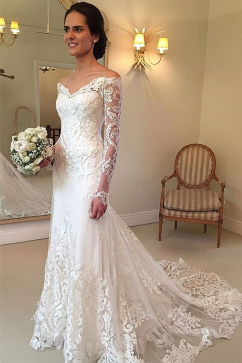 White Long Sleeves Off the Shoulder Mermaid Lace Wedding Dress