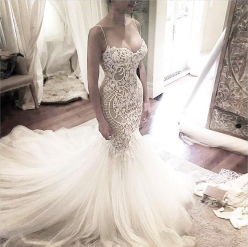 Ivory Mermaid Backless Spaghetti Straps Court Train Lace Tulle Wedding Dress