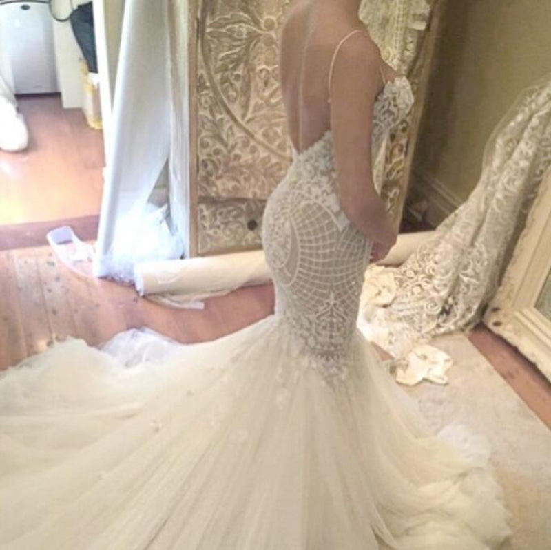 Ivory Mermaid Backless Spaghetti Straps Court Train Lace Tulle Wedding Dress