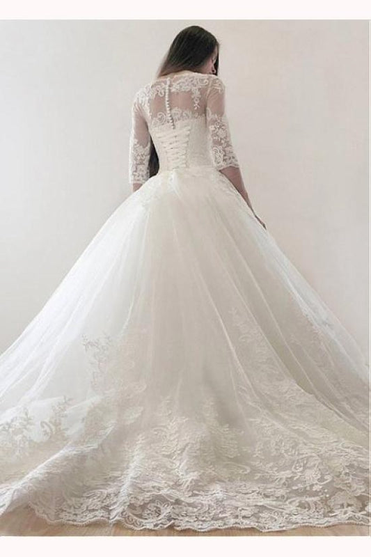 Ivory Puffy Half Sleeves Long Vintage Tulle Bateau Appliques Wedding Dress