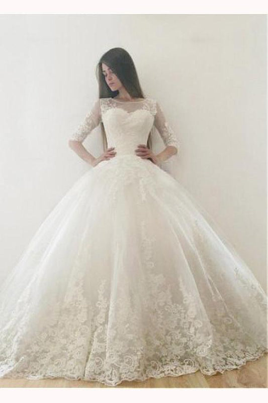 Ivory Puffy Half Sleeves Long Vintage Tulle Bateau Appliques Wedding Dress