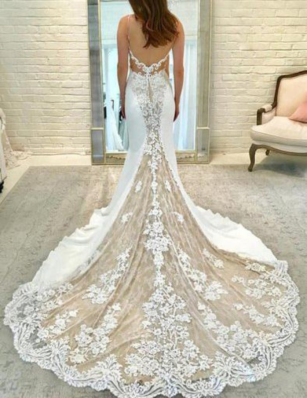 Ivory Satin Gorgeous Lace Spaghetti Strap Vintage Mermaid Wedding Dress