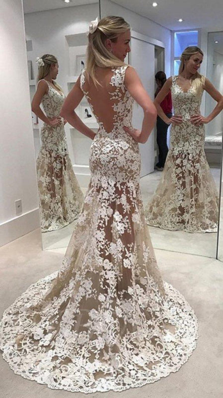 Ivory Sheer Back Jewel Neck Trumpet/Mermaid Lace Tulle Long Wedding Dress