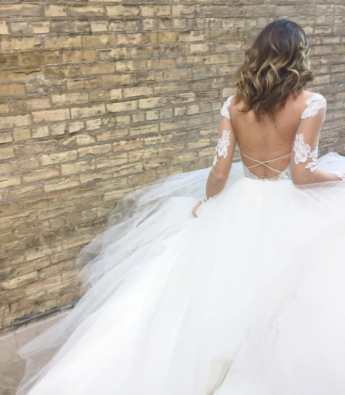 Ivory Sheer Long Sleeves Lace Tulle Backless Beach Wedding Dress