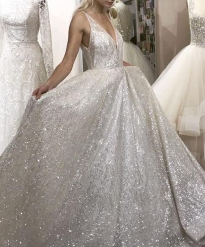 Ivory Sparkly V-neck Sleeveless Backless Floor-length Party Dress Prom Dresses