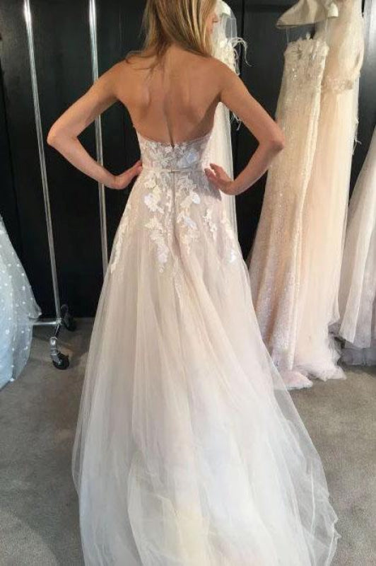 Ivory Strapless Tulle Long Beach Sexy Lace Appliqued Wedding Dress