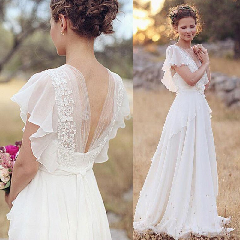 Ivory V Neck Chiffon Boho Unique Cap Sleeves Beach Wedding Dress