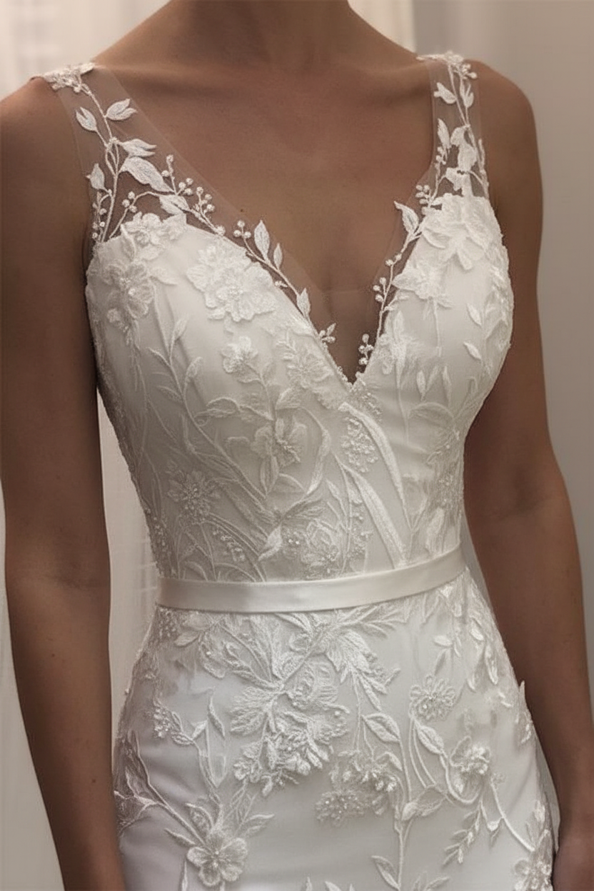 Ivory V Neck Sheath Sleeveless Backless Charming Lace Wedding Dress