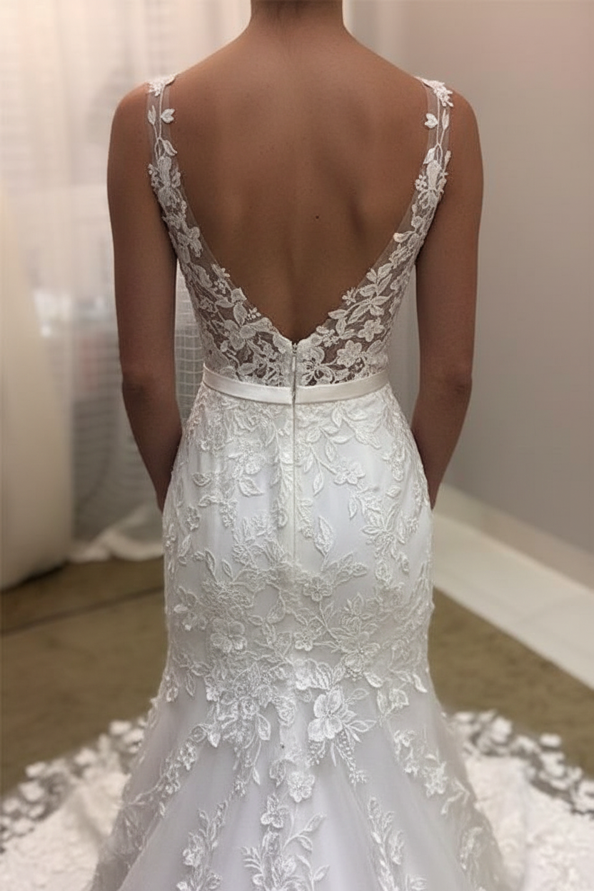 Ivory V Neck Sheath Sleeveless Backless Charming Lace Wedding Dress