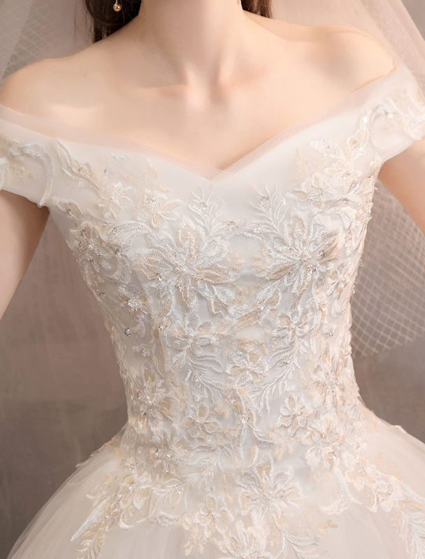 Off The Shoulder Ivory Wedding Dresses Tulle Lace Applique Princess Bridal Gown