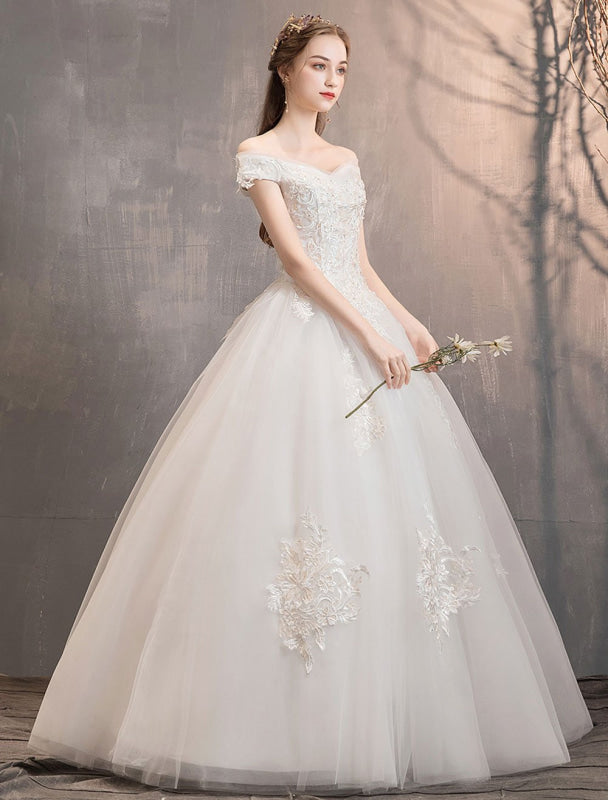 Off The Shoulder Ivory Wedding Dresses Tulle Lace Applique Princess Bridal Gown