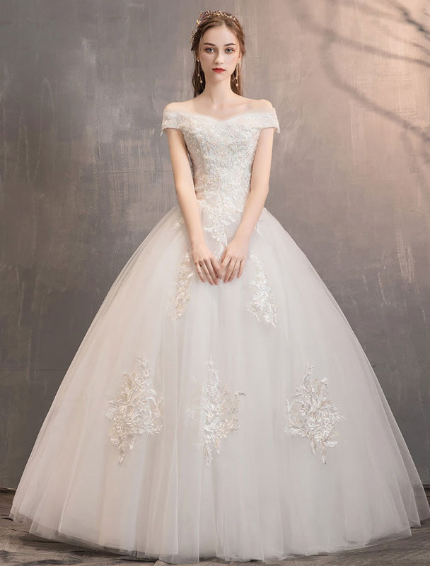 Off The Shoulder Ivory Wedding Dresses Tulle Lace Applique Princess Bridal Gown