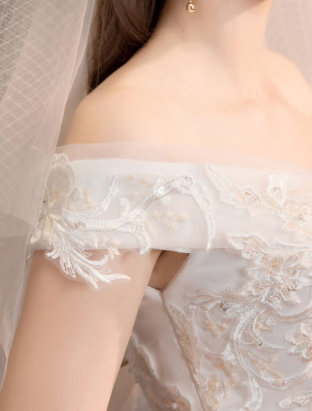 Off The Shoulder Ivory Wedding Dresses Tulle Lace Applique Princess Bridal Gown