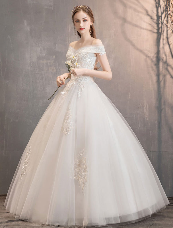 Off The Shoulder Ivory Wedding Dresses Tulle Lace Applique Princess Bridal Gown