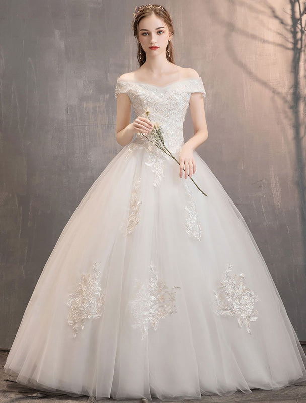 Off The Shoulder Ivory Wedding Dresses Tulle Lace Applique Princess Bridal Gown