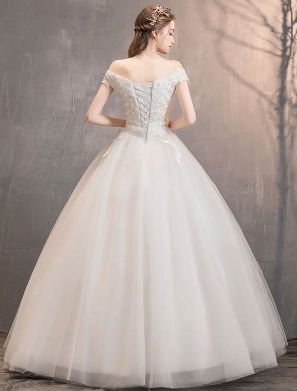 Off The Shoulder Ivory Wedding Dresses Tulle Lace Applique Princess Bridal Gown