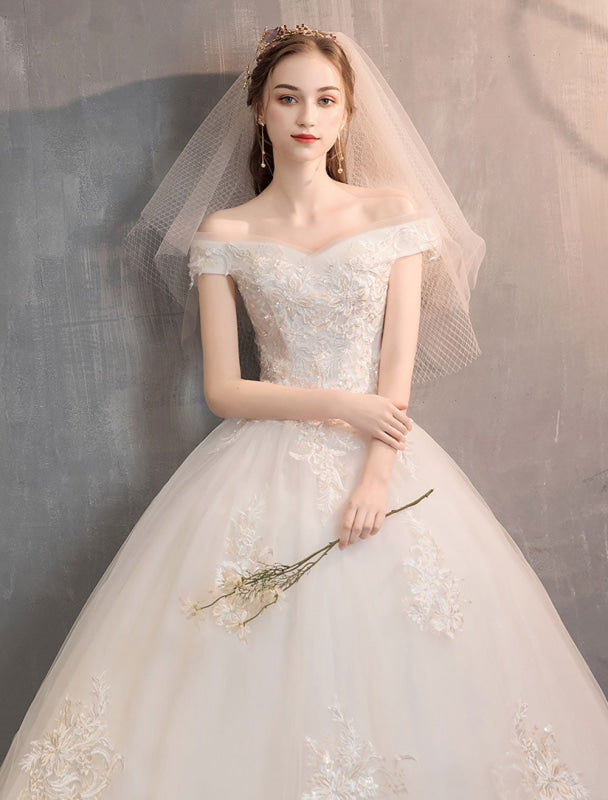 Off The Shoulder Ivory Wedding Dresses Tulle Lace Applique Princess Bridal Gown