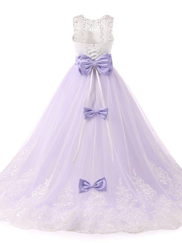 Jewel Neck Sleeveless Flower Girl Dresses with White Lace Appliques Formal Kids Pageant Bowtie Dresses