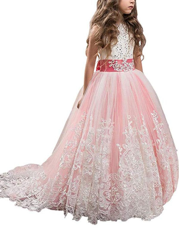 Jewel Neck Sleeveless Flower Girl Dresses with White Lace Appliques Formal Kids Pageant Bowtie Dresses
