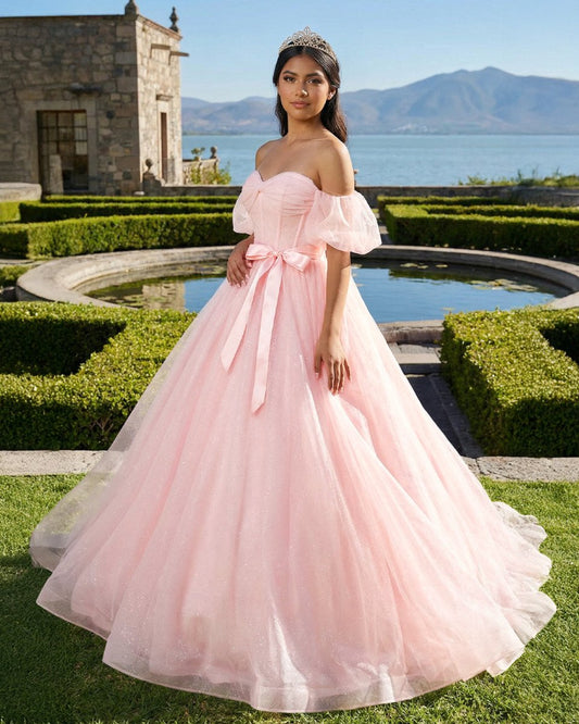 Pink A Line Tulle Off The Shoulder Floor-Length Quinceanera Dresses with Sashes