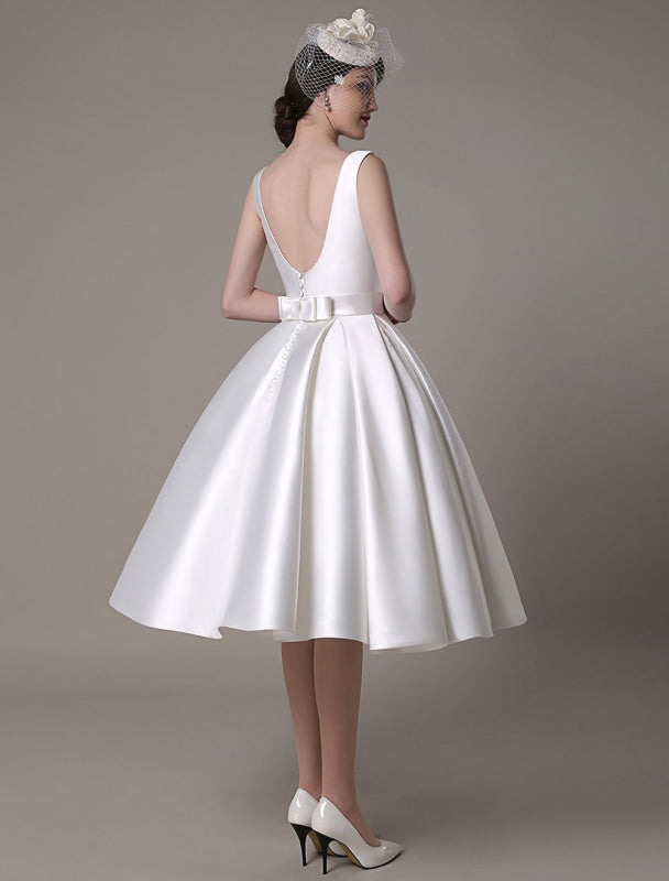 Knee Length Ivory Wedding Dress Vintage Scoop Neck Backless Satin Dress