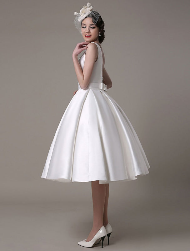 Knee Length Ivory Wedding Dress Vintage Scoop Neck Backless Satin Dress