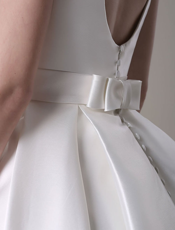Knee Length Ivory Wedding Dress Vintage Scoop Neck Backless Satin Dress