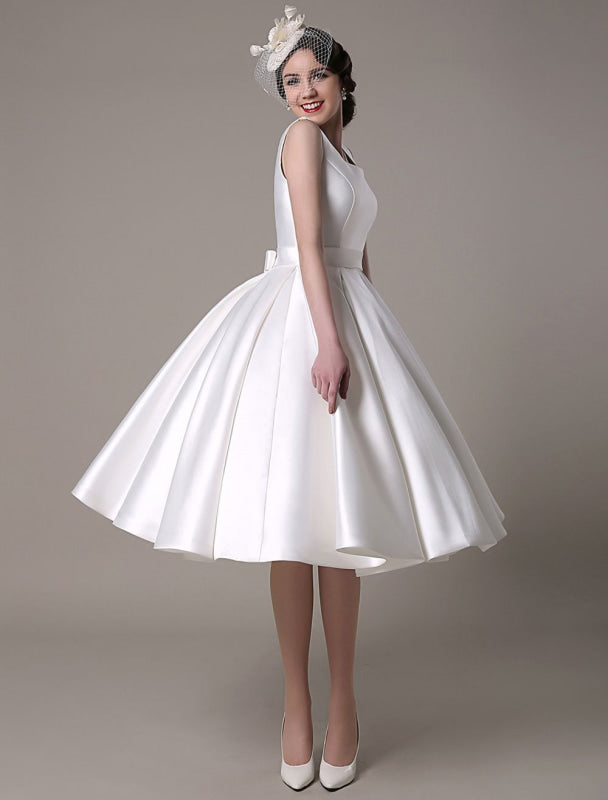 Knee Length Ivory Wedding Dress Vintage Scoop Neck Backless Satin Dress