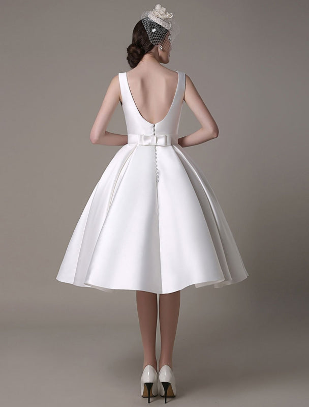 Knee Length Ivory Wedding Dress Vintage Scoop Neck Backless Satin Dress